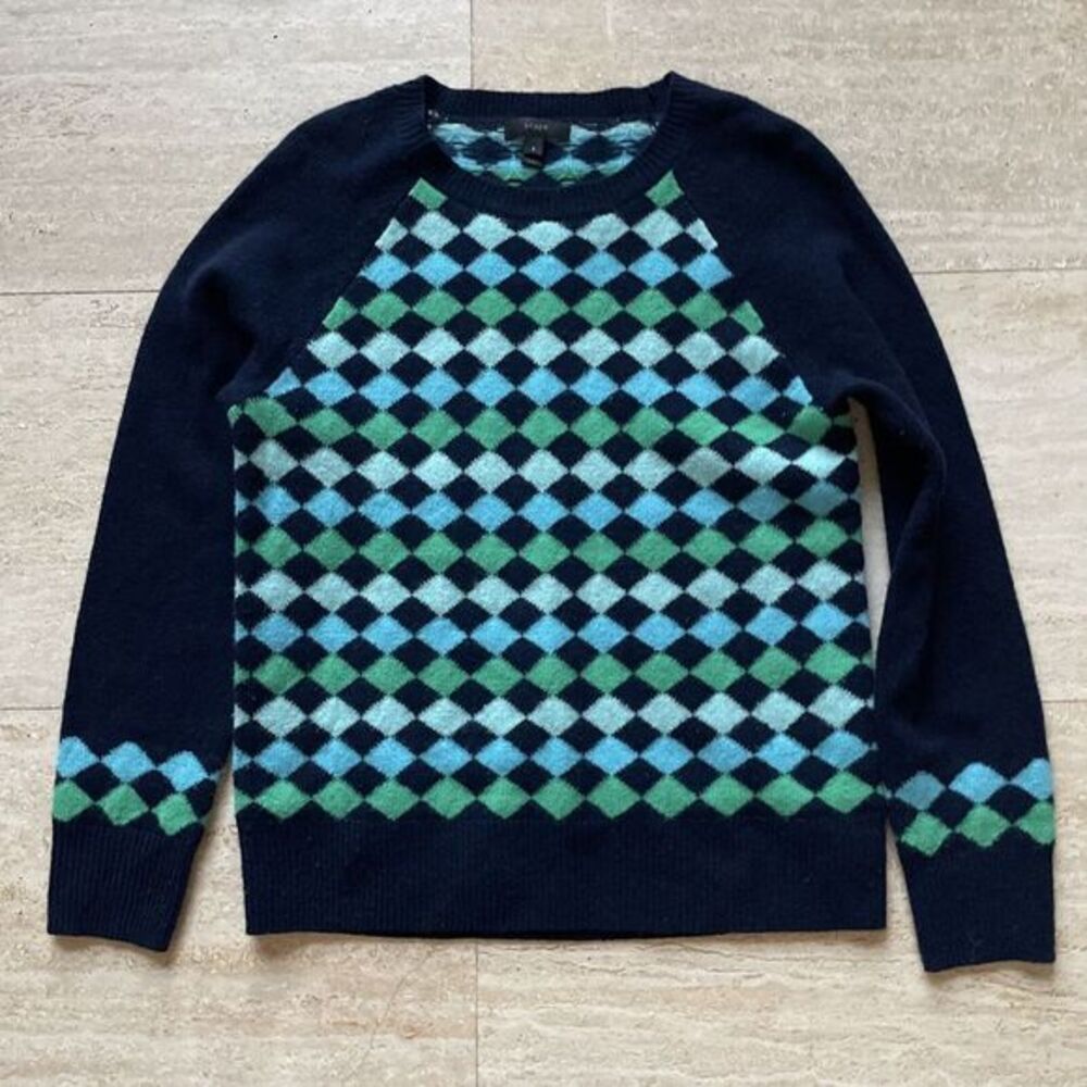 J Crew Women Argyle Crewneck 100% Lambs Wool Sweater Y2K Preppy S Blue Green‎